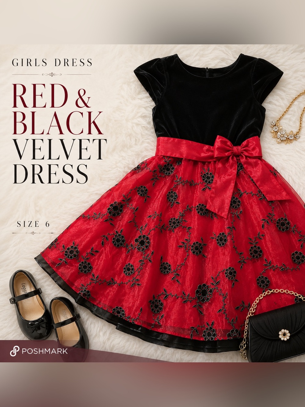 ♥️ Cute as a Button Red & Black Get ready for her Fancy Dress Occasion Size:5/6